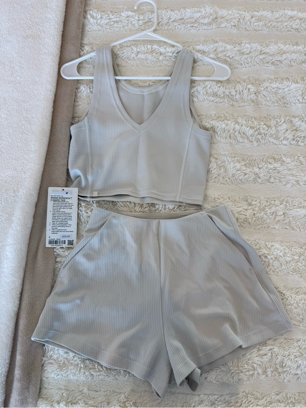 Ribbed V-Neck Crop Top & Shorts Set - cream